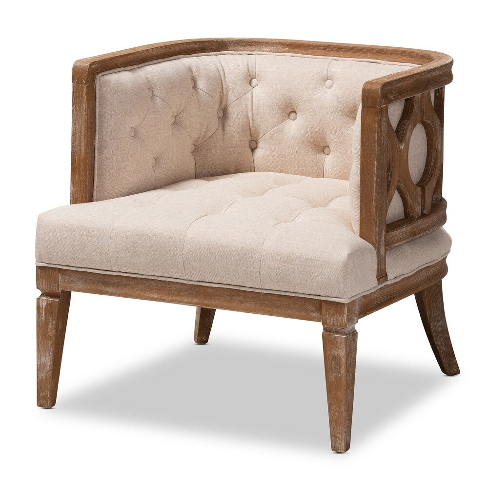 French Provincial Beige Linen Fabric Upholstered Accent Barrel Chair