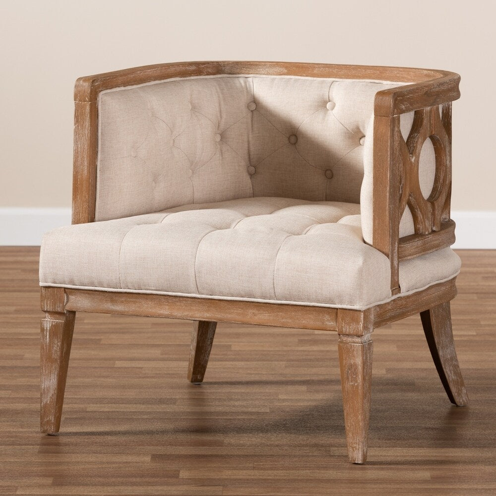 French Provincial Beige Linen Fabric Upholstered Accent Barrel Chair