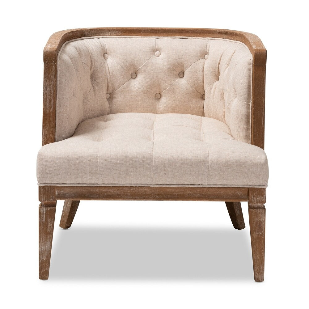 French Provincial Beige Linen Fabric Upholstered Accent Barrel Chair