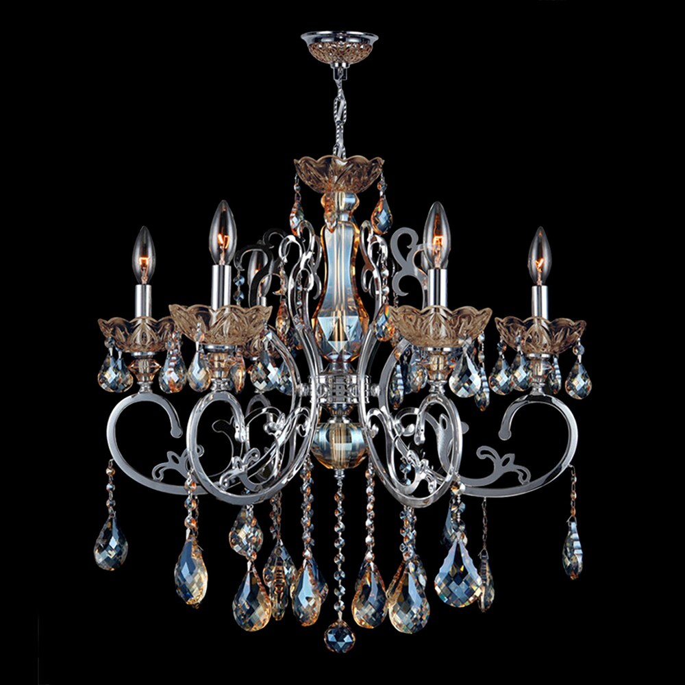 French Scroll Collection 6 Light Chrome Finish and Golden Teak Crystal Chandelier 26" x 24"