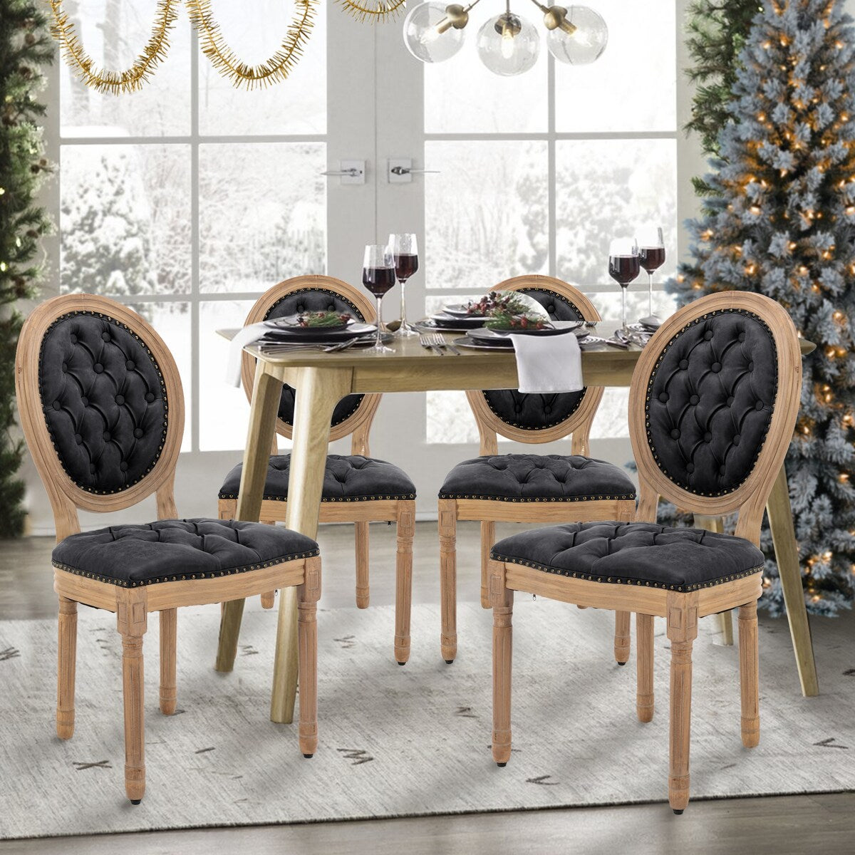 Farmhouse French Dining Room Antique Painting Chairs with PU Set of 4