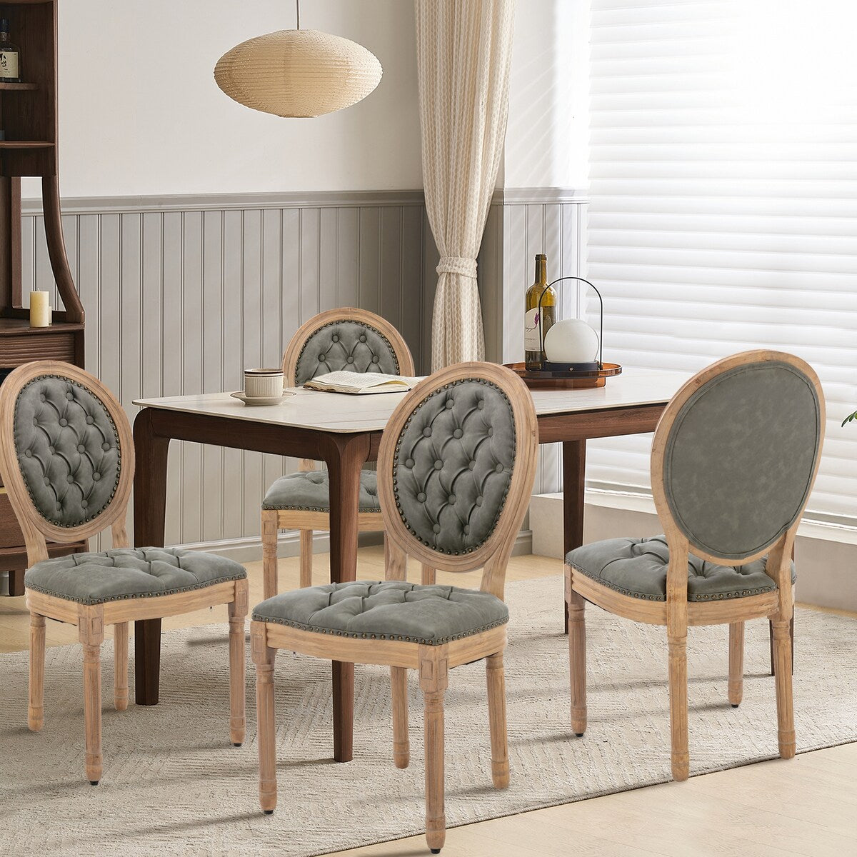 Farmhouse French Dining Room Antique Painting Chairs with PU Set of 4