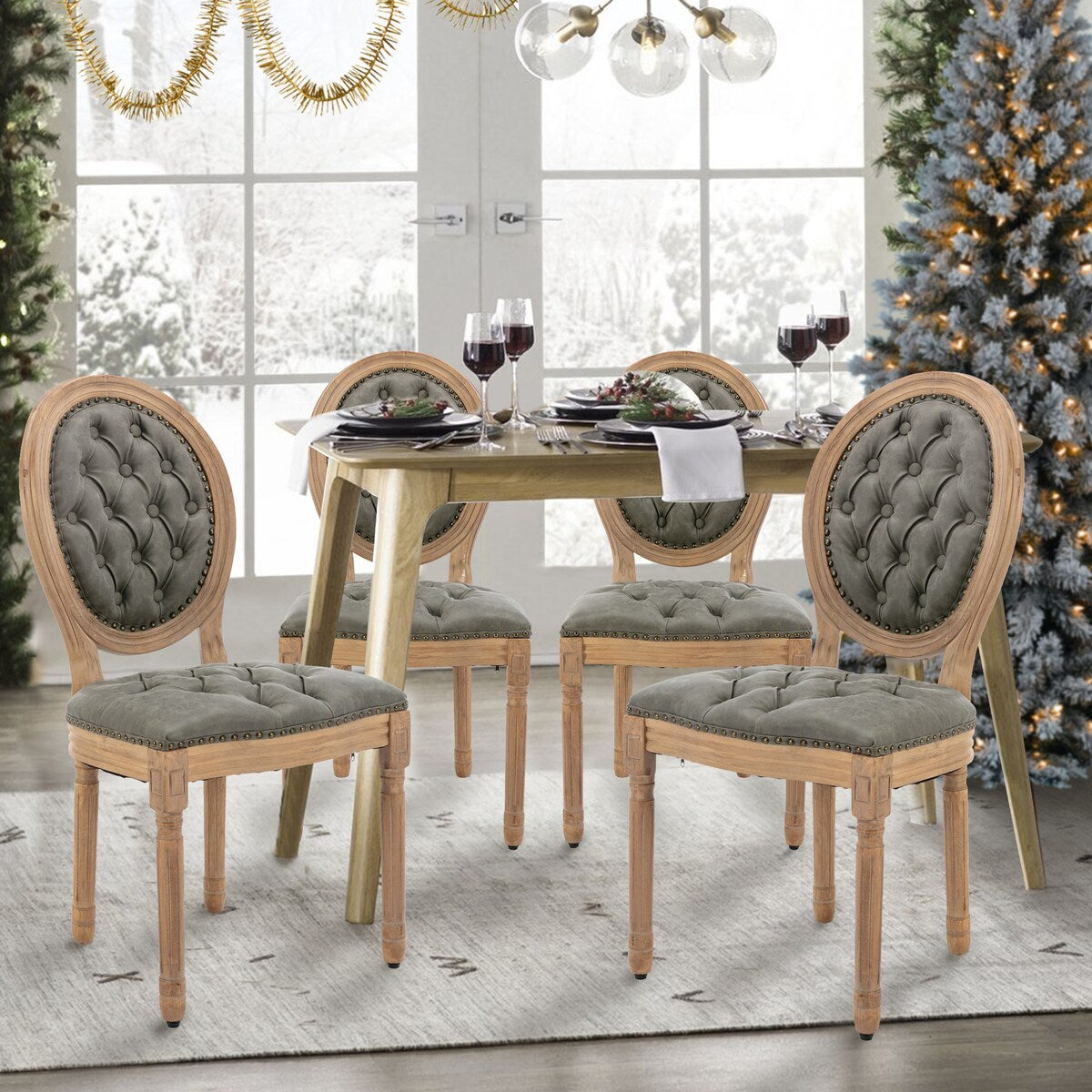Farmhouse French Dining Room Antique Painting Chairs with PU Set of 4