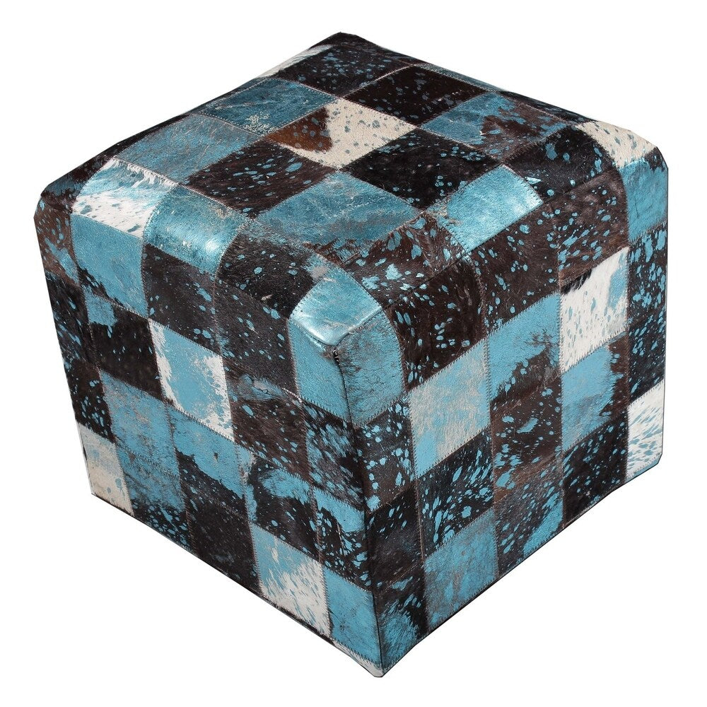 From India Blue Ottoman Cowhide Cube Made of Real Leather 18"X18"