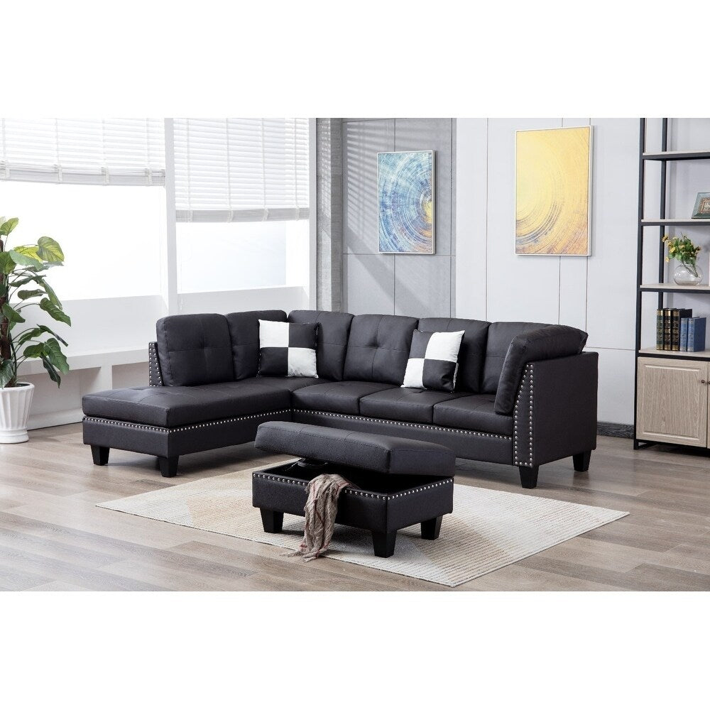 Faux Leather Nail Head Sectional Sofa with Storage Ottoman