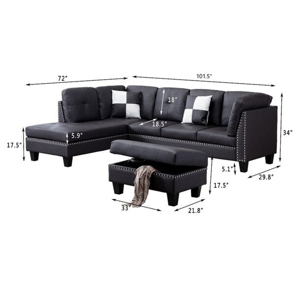 Faux Leather Nail Head Sectional Sofa with Storage Ottoman