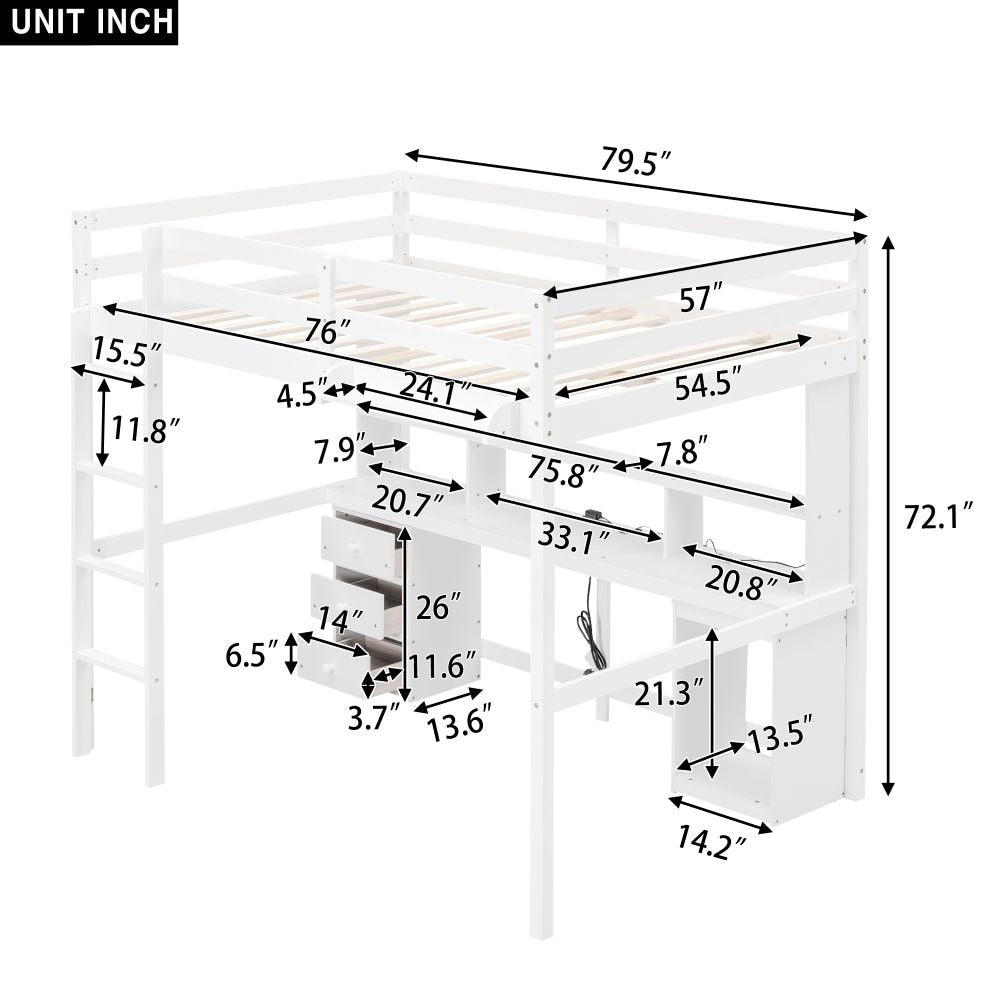 Full / Twin Size Loft Bed with Multi-storage Desk, LED light and Bedside Tray, Charging Station, White