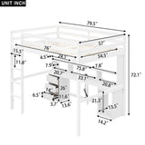 Full / Twin Size Loft Bed with Multi-storage Desk, LED light and Bedside Tray, Charging Station, White
