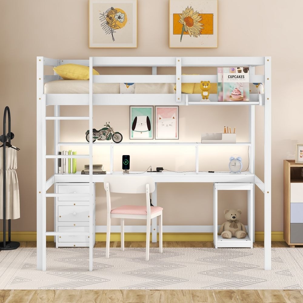 Full / Twin Size Loft Bed with Multi-storage Desk, LED light and Bedside Tray, Charging Station, White