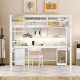 Full / Twin Size Loft Bed with Multi-storage Desk, LED light and Bedside Tray, Charging Station, White