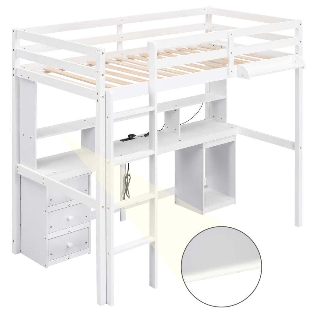 Full / Twin Size Loft Bed with Multi-storage Desk, LED light and Bedside Tray, Charging Station, White