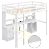 Full / Twin Size Loft Bed with Multi-storage Desk, LED light and Bedside Tray, Charging Station, White