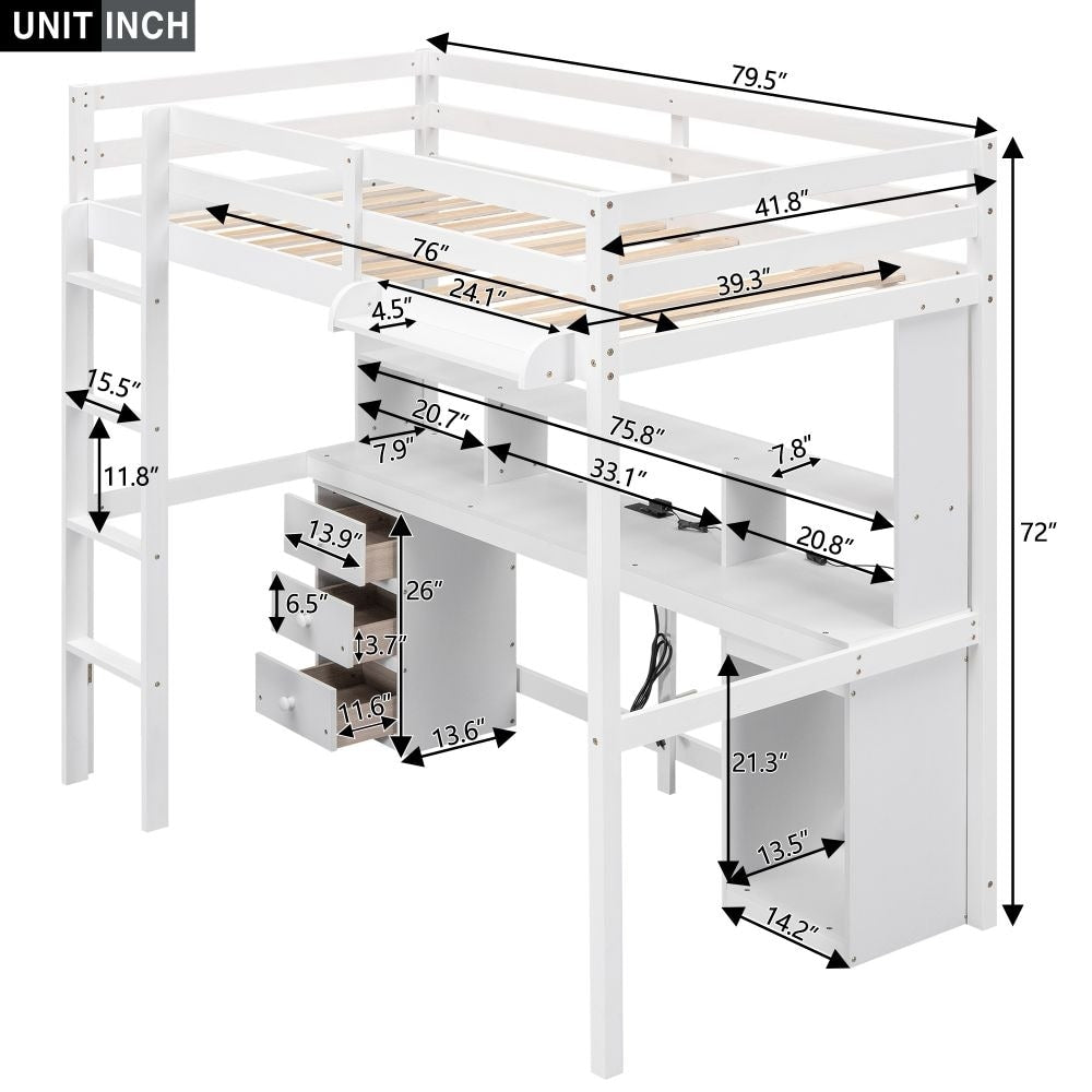 Full / Twin Size Loft Bed with Multi-storage Desk, LED light and Bedside Tray, Charging Station, White