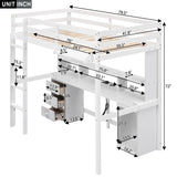Full / Twin Size Loft Bed with Multi-storage Desk, LED light and Bedside Tray, Charging Station, White