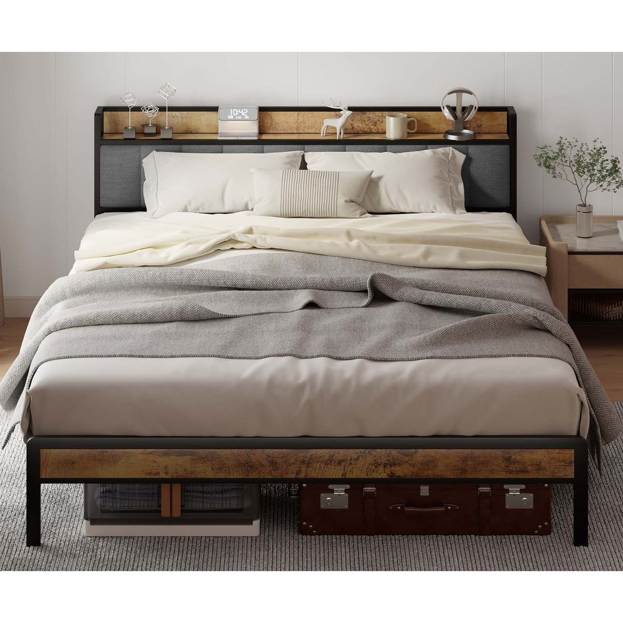 Full/Queen/King Size Metal Platform Bed Frame with Upholstered Storage Headboard