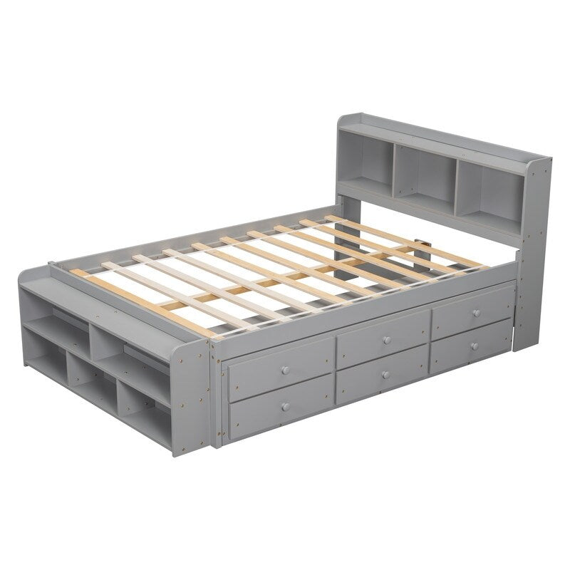 Full Bed with Bookcase Headboard, Under bed Storage Drawers and Bed End Storage Case