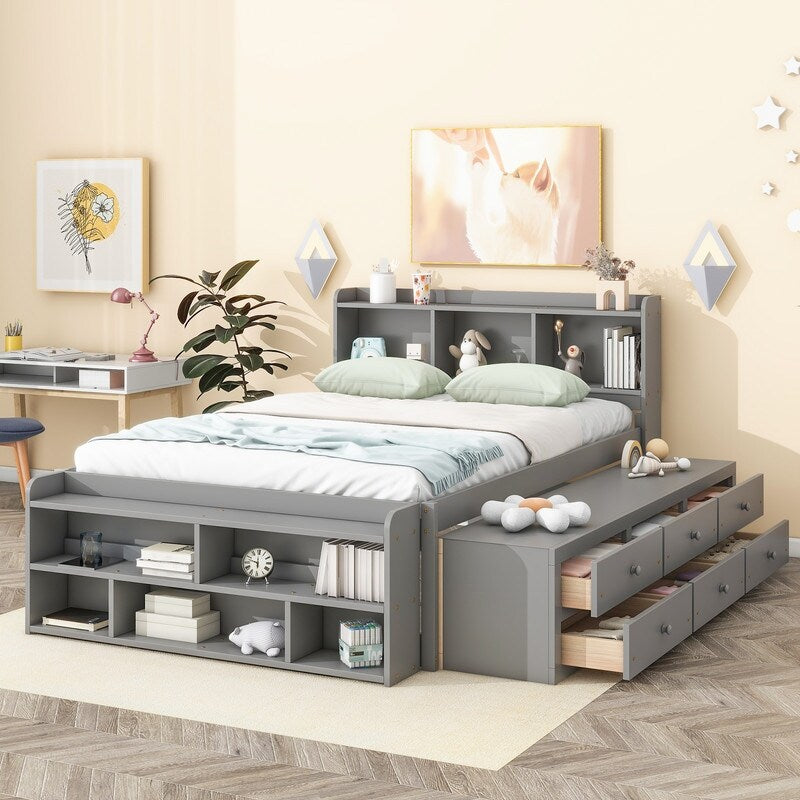 Full Bed with Bookcase Headboard, Under bed Storage Drawers and Bed End Storage Case