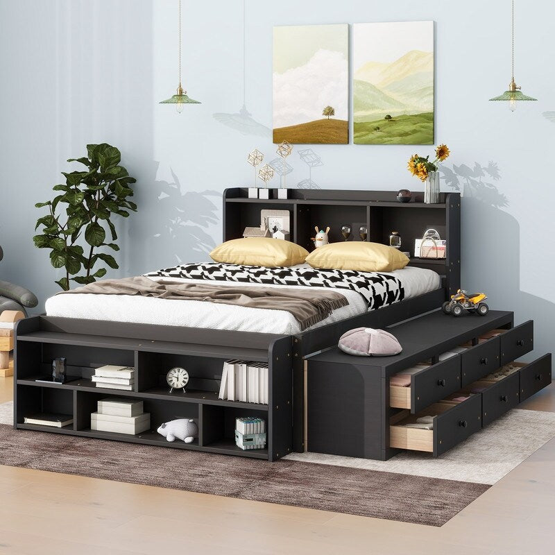 Full Bed with Bookcase Headboard, Under bed Storage Drawers and Bed End Storage Case