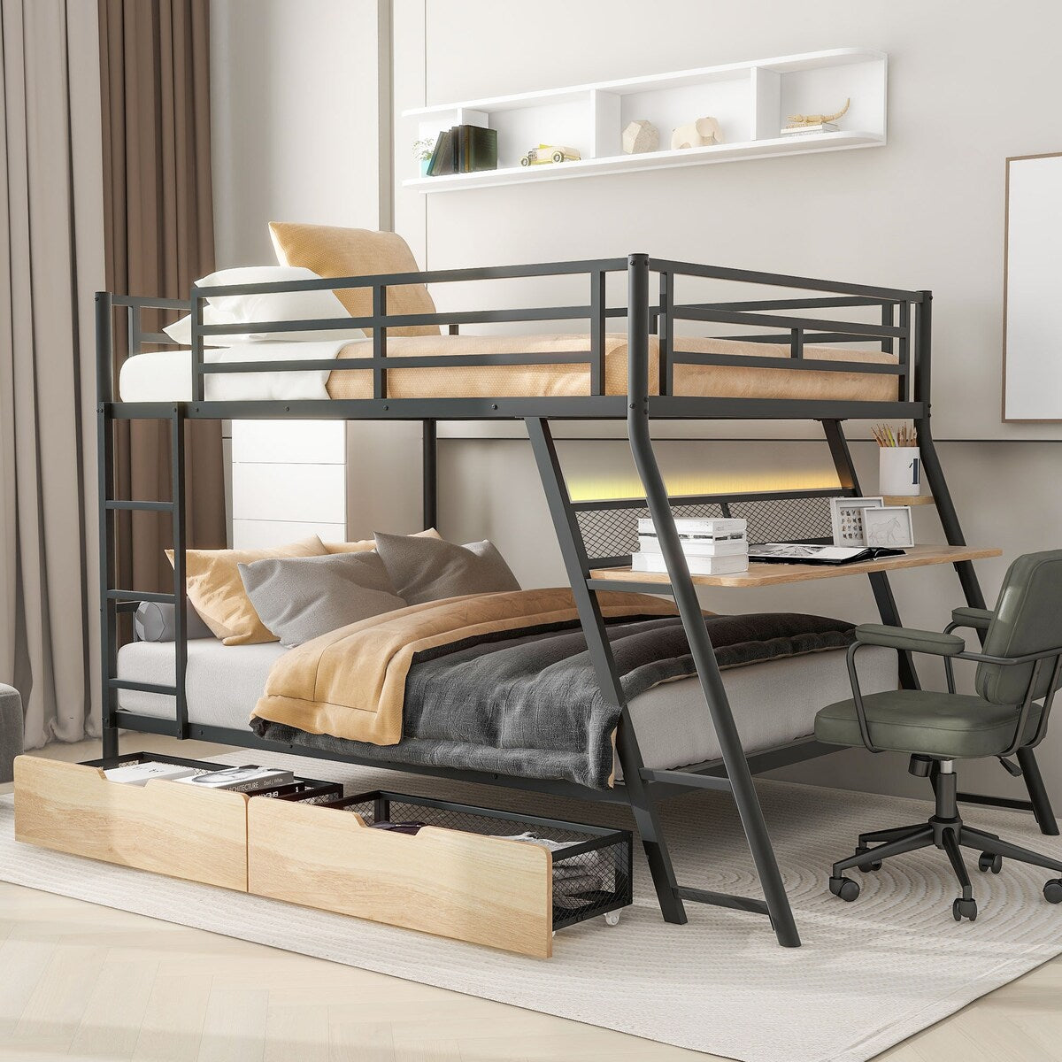 Full Bunk Bed with Built in Desk LED Light Strip and Storage Drawers Overstock