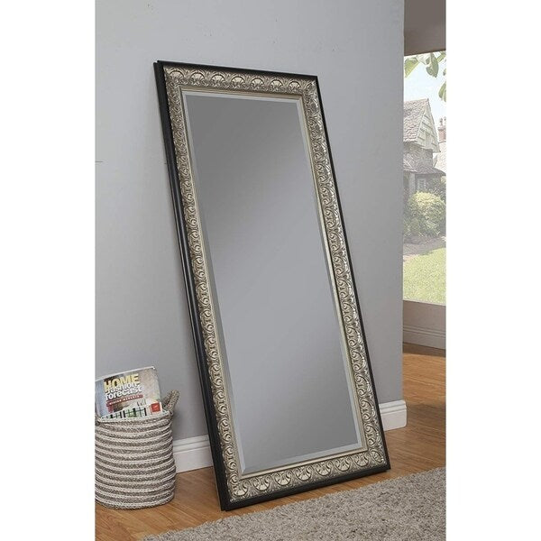 Full Length Leaner Mirror With Polystyrene Frame, Antique Silver and Black