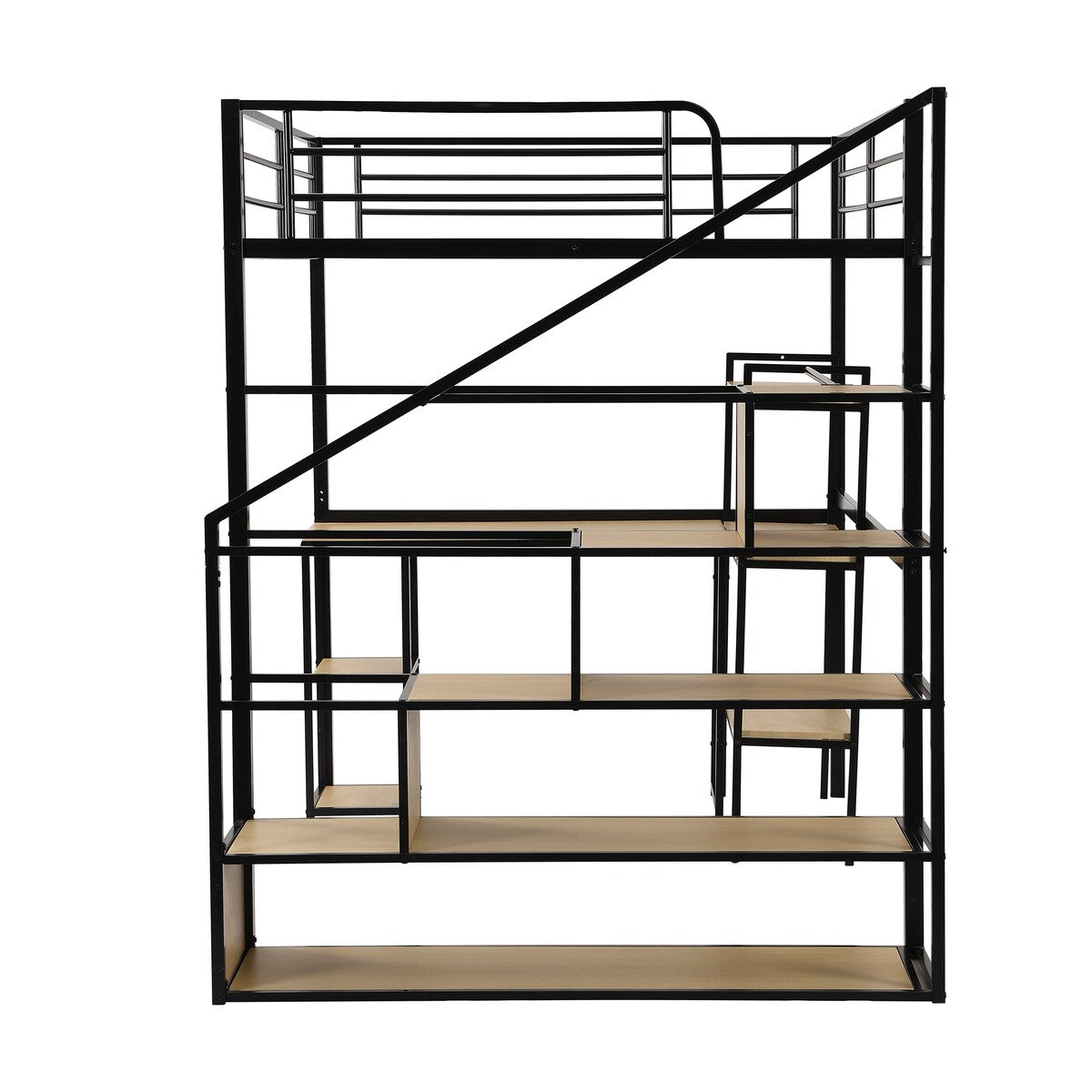 Full Metal Loft Bed with Stairs & Desk, Heavy-Duty Steel Loft Bed Frame with Storage Shelves & Safety Rail for Kids Teens, Black