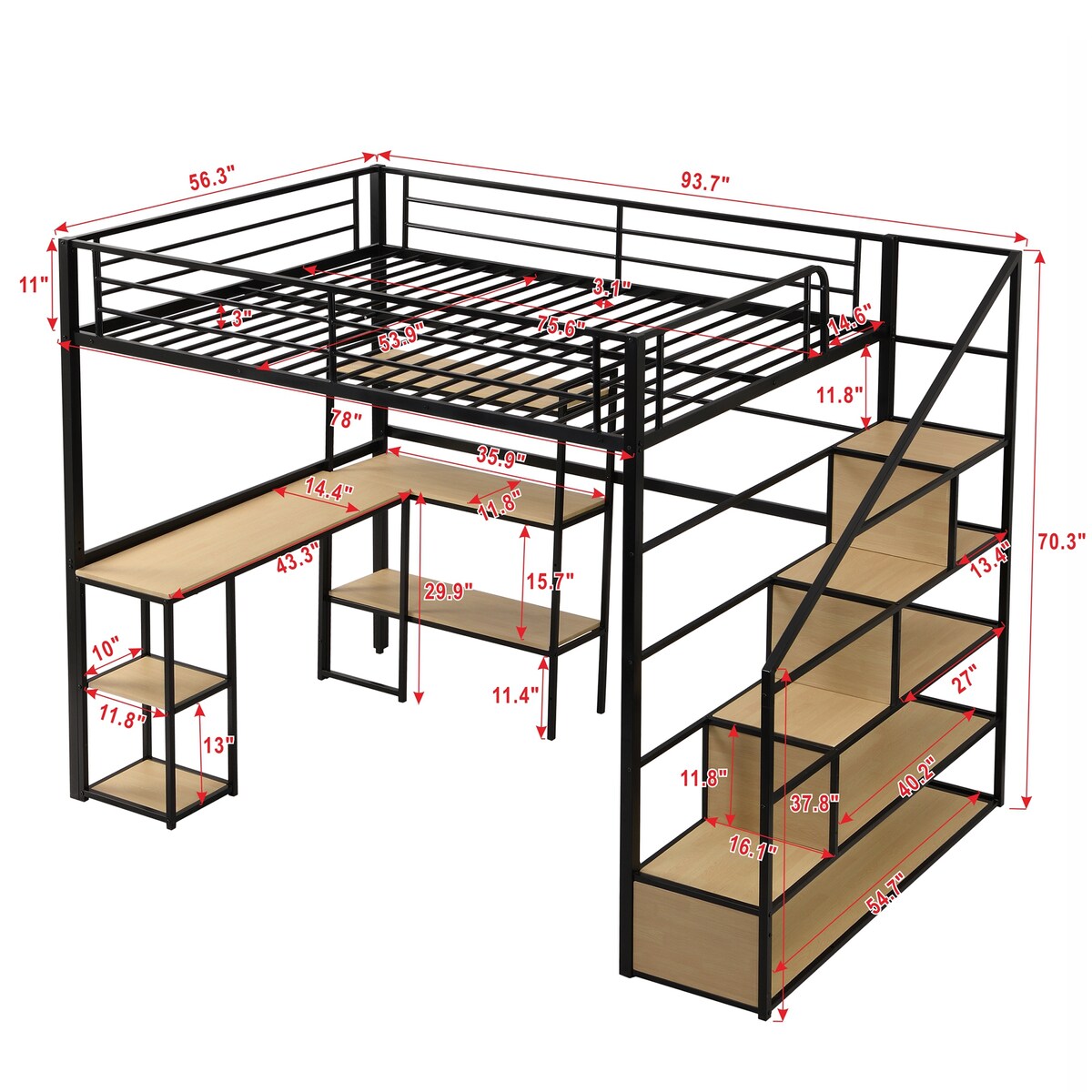 Full Metal Loft Bed with Stairs & Desk, Heavy-Duty Steel Loft Bed Frame with Storage Shelves & Safety Rail for Kids Teens, Black