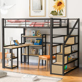 Full Metal Loft Bed with Stairs & Desk, Heavy-Duty Steel Loft Bed Frame with Storage Shelves & Safety Rail for Kids Teens, Black