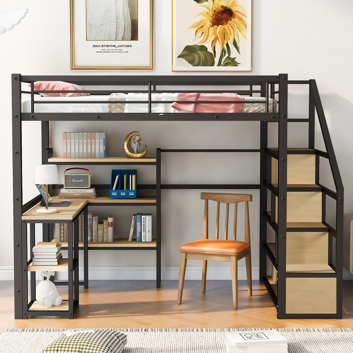 Full Metal Loft Bed with Stairs & Desk, Heavy-Duty Steel Loft Bed Frame with Storage Shelves & Safety Rail for Kids Teens, Black