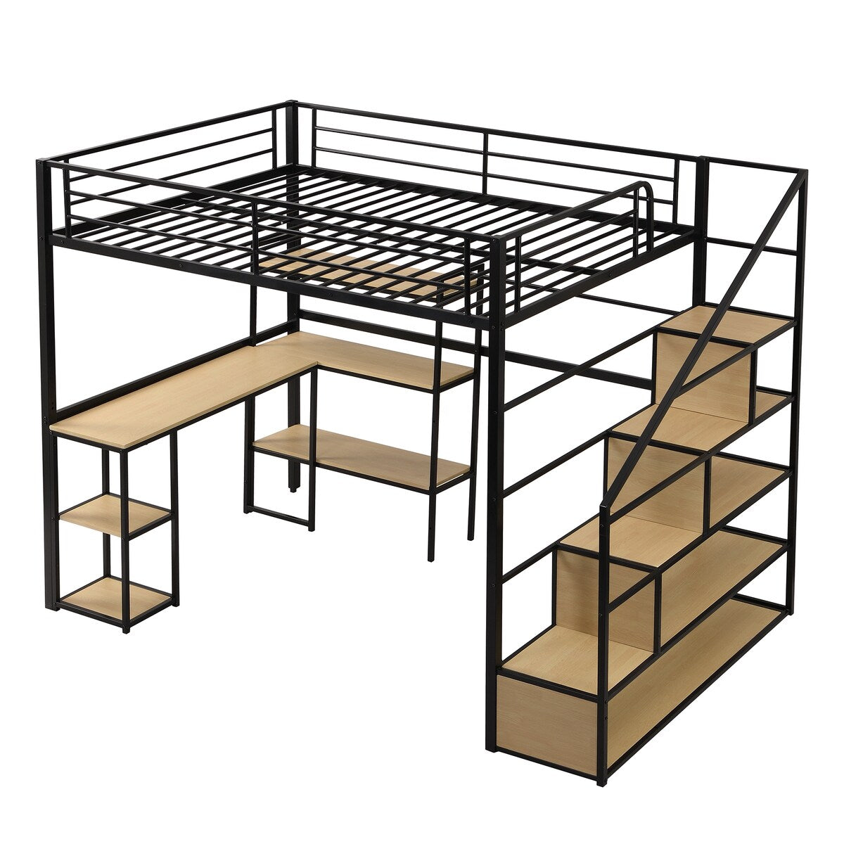 Full Metal Loft Bed with Stairs & Desk, Heavy-Duty Steel Loft Bed Frame with Storage Shelves & Safety Rail for Kids Teens, Black