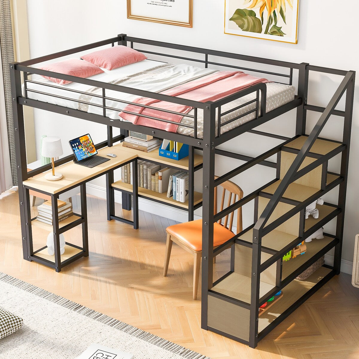 Full Metal Loft Bed with Stairs & Desk, Heavy-Duty Steel Loft Bed Frame with Storage Shelves & Safety Rail for Kids Teens, Black
