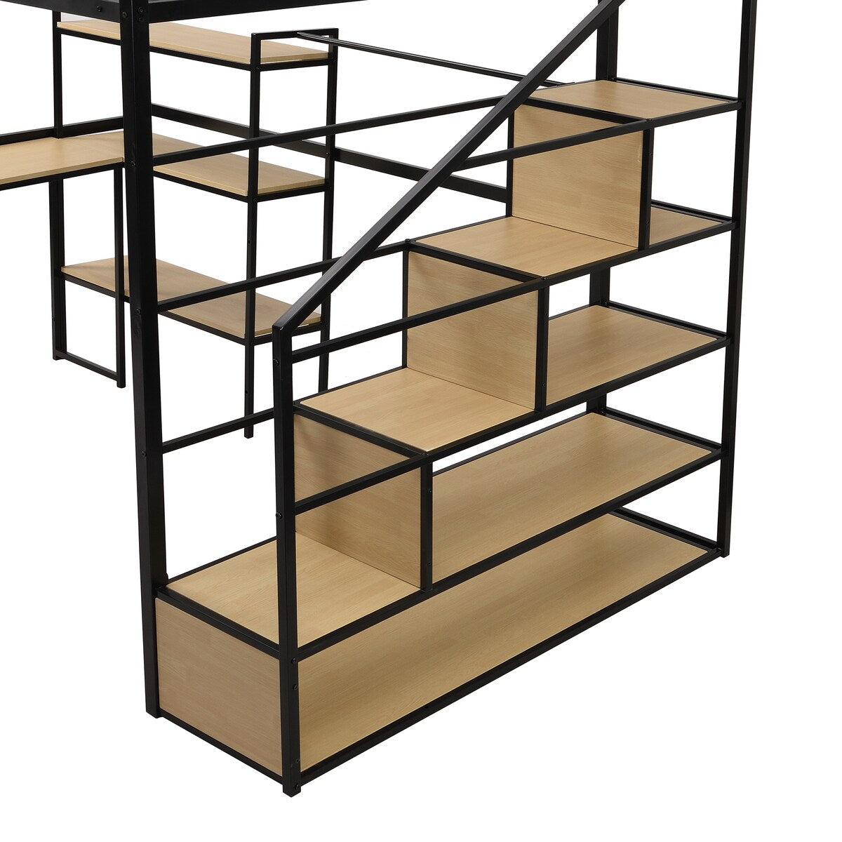 Full Metal Loft Bed with Stairs & Desk, Heavy-Duty Steel Loft Bed Frame with Storage Shelves & Safety Rail for Kids Teens, Black