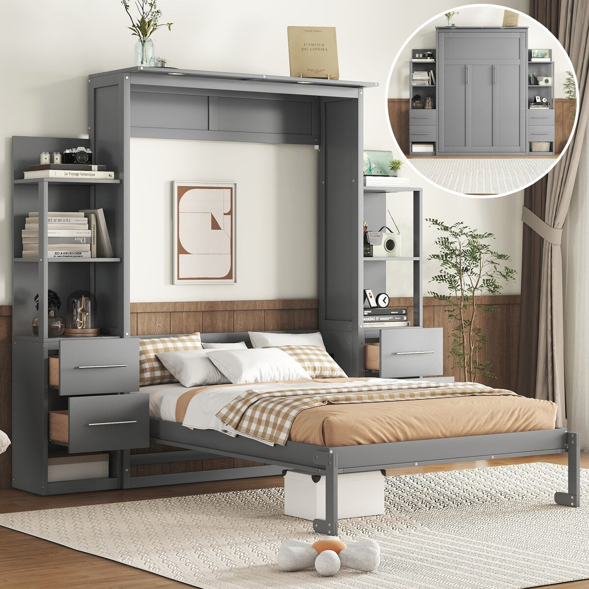 Full Murphy Bed Wall Bed w Storage Shelves LED Lights Foldable Sto