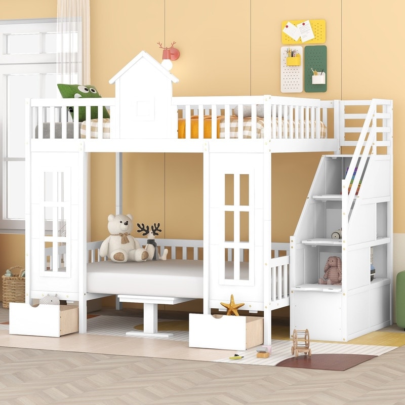 Full-Over-Full Bunk Bed with Changeable Table , Separable Bunk Bed Turn into Upper Bed and Down Desk