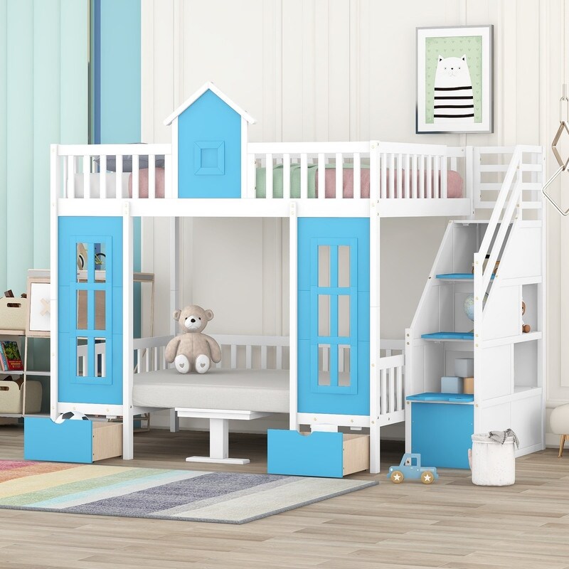 Full-Over-Full Bunk Bed with Changeable Table , Separable Bunk Bed Turn into Upper Bed and Down Desk