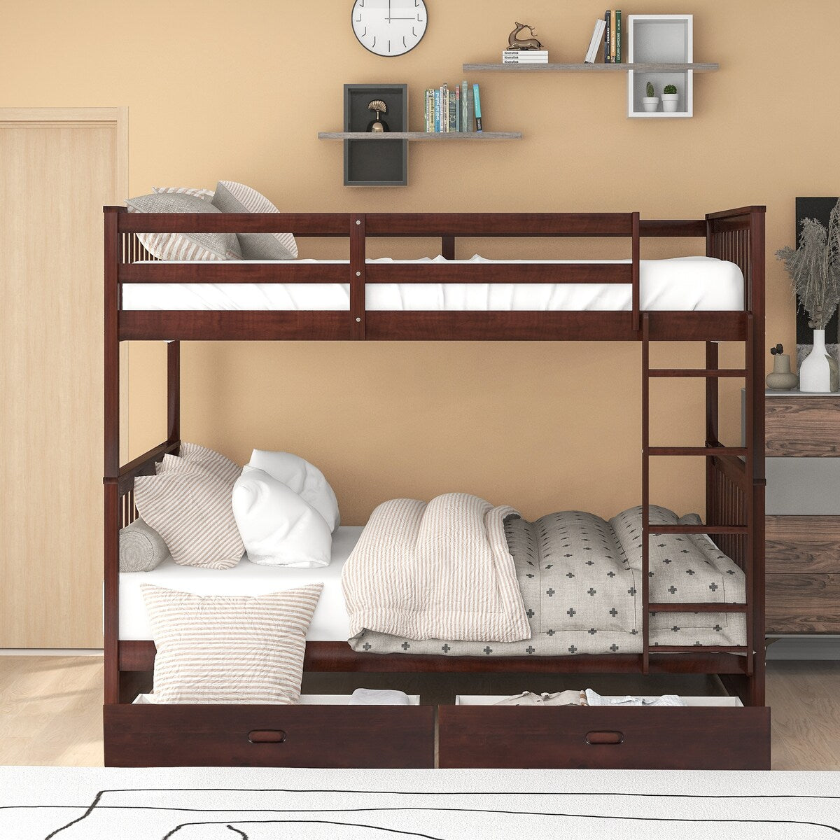 Full-Over-Full Bunk Bed with Ladders and Two Storage Drawers (White)
