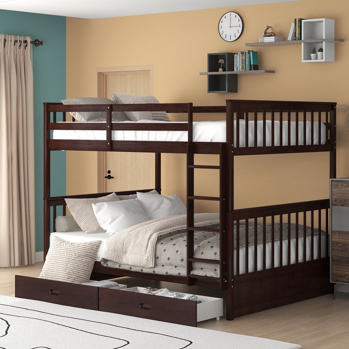 Full-Over-Full Bunk Bed with Ladders and Two Storage Drawers (White)