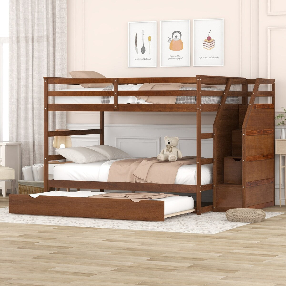Full-Over-Full Bunk Bed with Trundle, 3 Storage Stairs