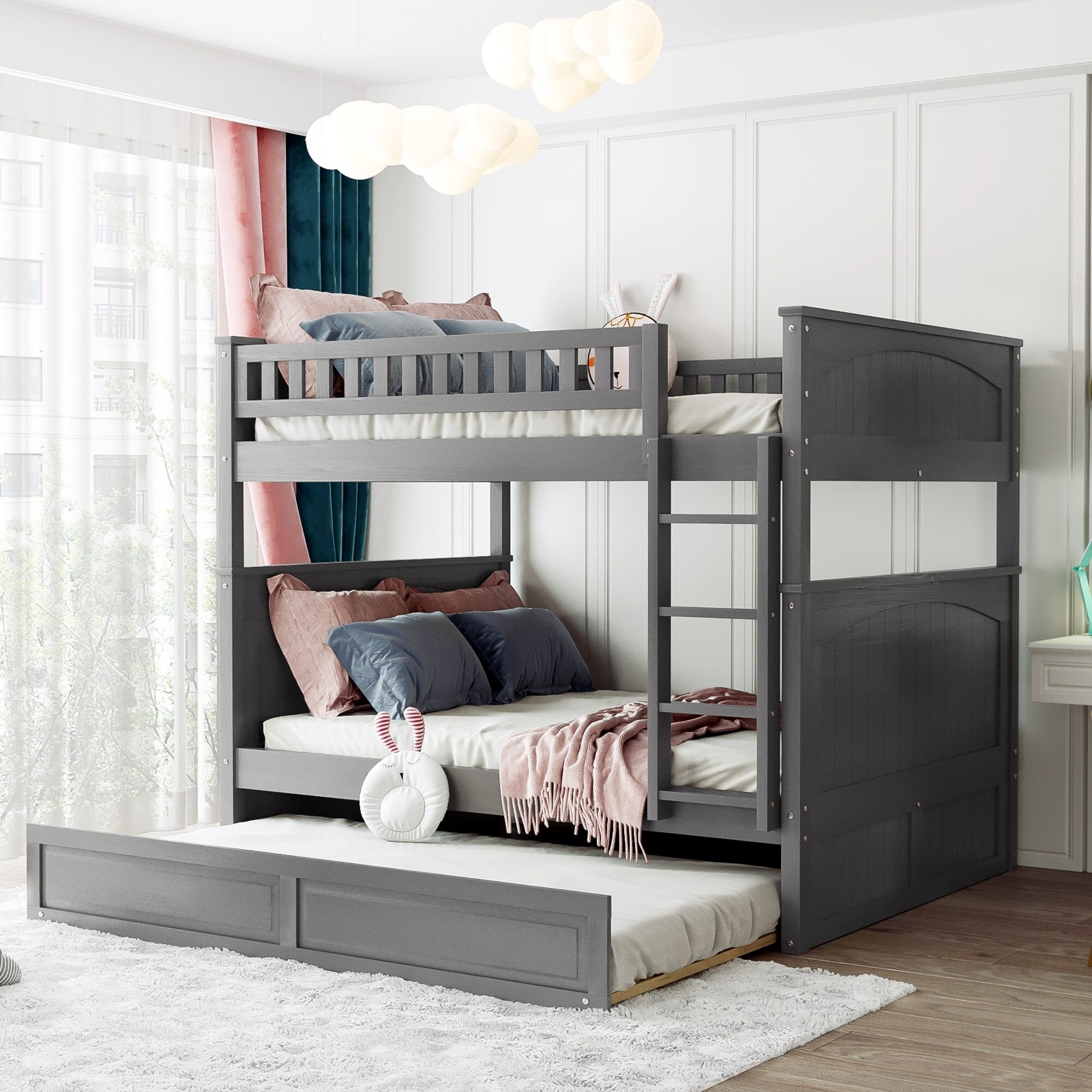 Full Over Full Bunk Bed with Trundle Detachable Pine Wood Bunk Beds w Overstock