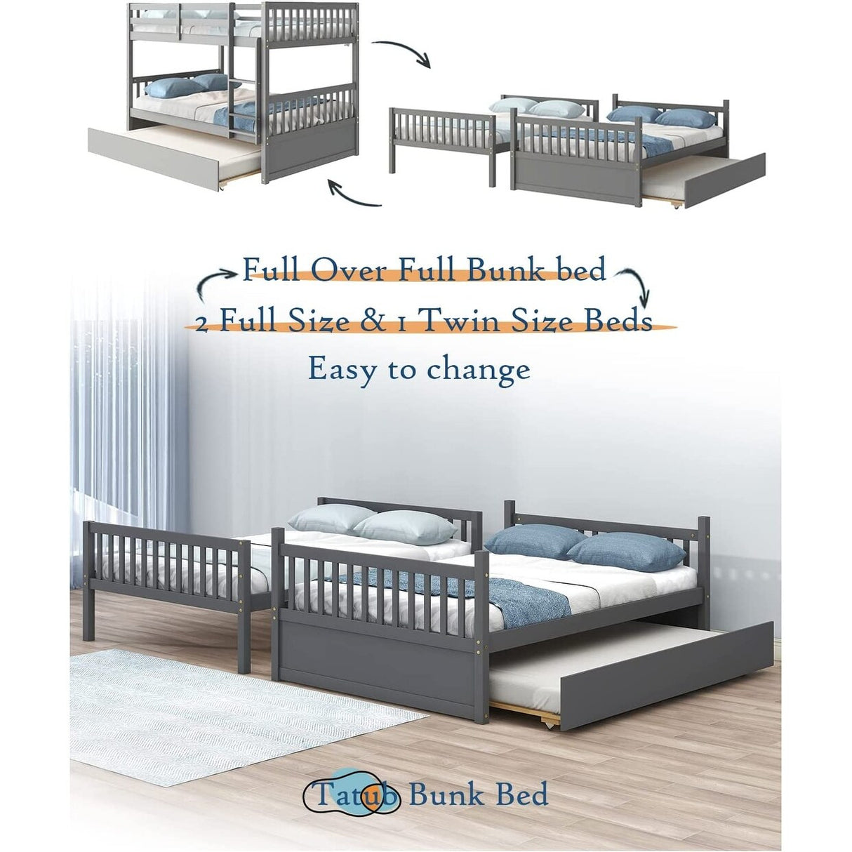 Full Over Full Bunk Bed with Trundle, Solid Bunk Bed with Trundle for Kids, Teens, Boys and Girls