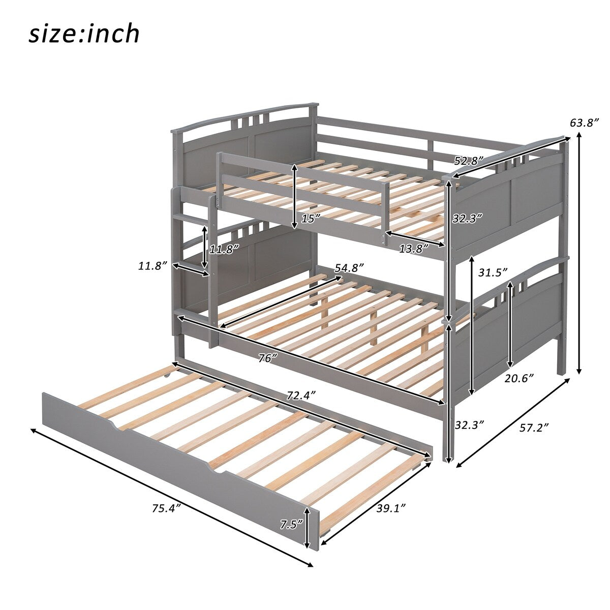 Full-Over-Full Bunk Bed with Twin size Trundle , Separable Bunk Bed for Bedroom