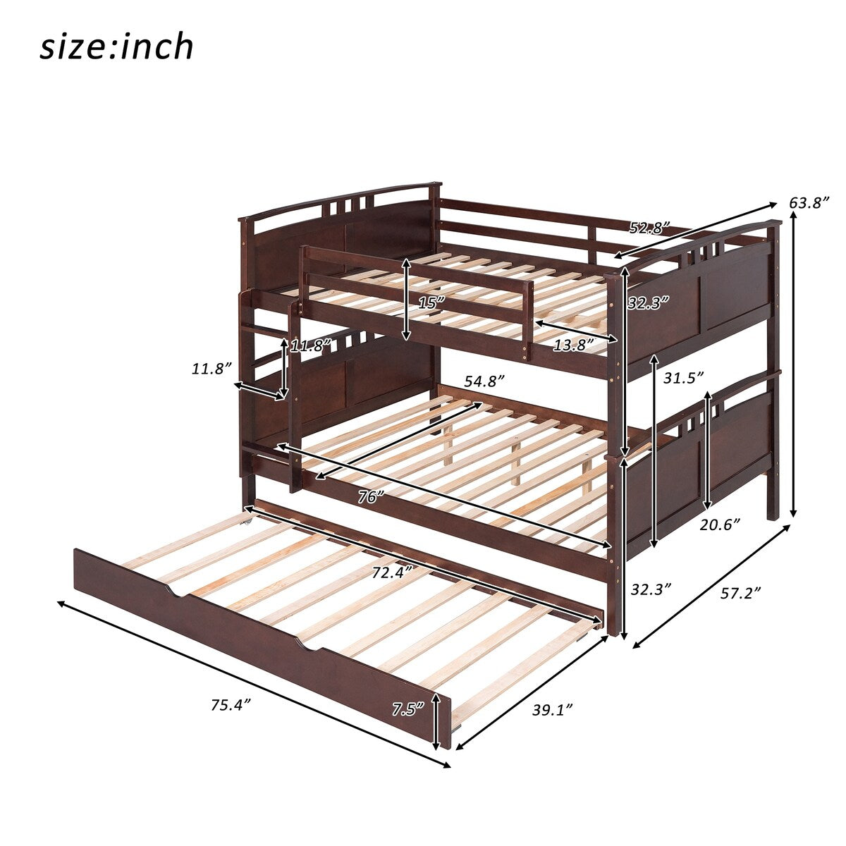 Full-Over-Full Bunk Bed with Twin size Trundle , Separable Bunk Bed for Bedroom