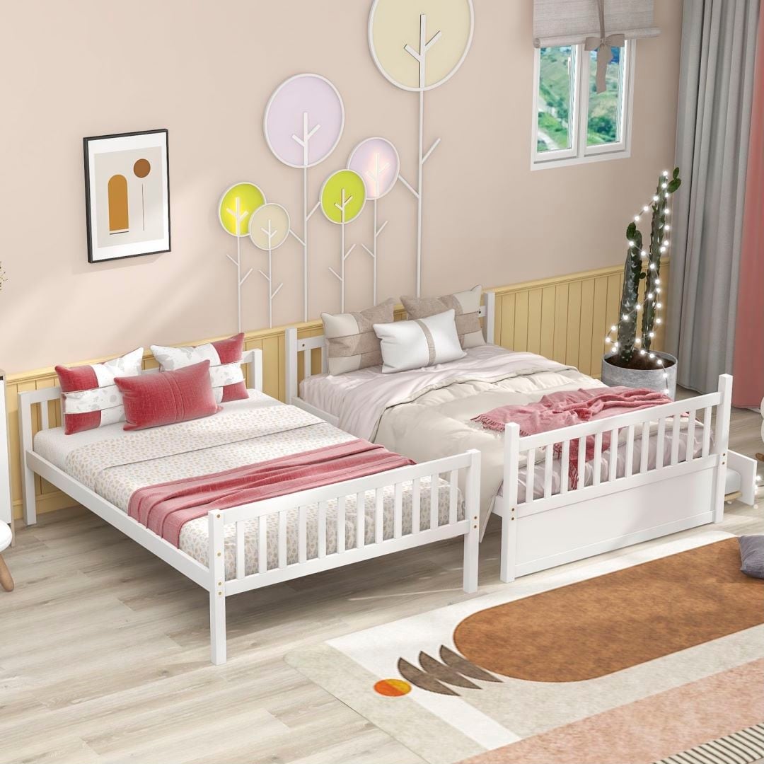 Full Over Full Bunk Beds with Trundle Convertible into 2 Beds Safety