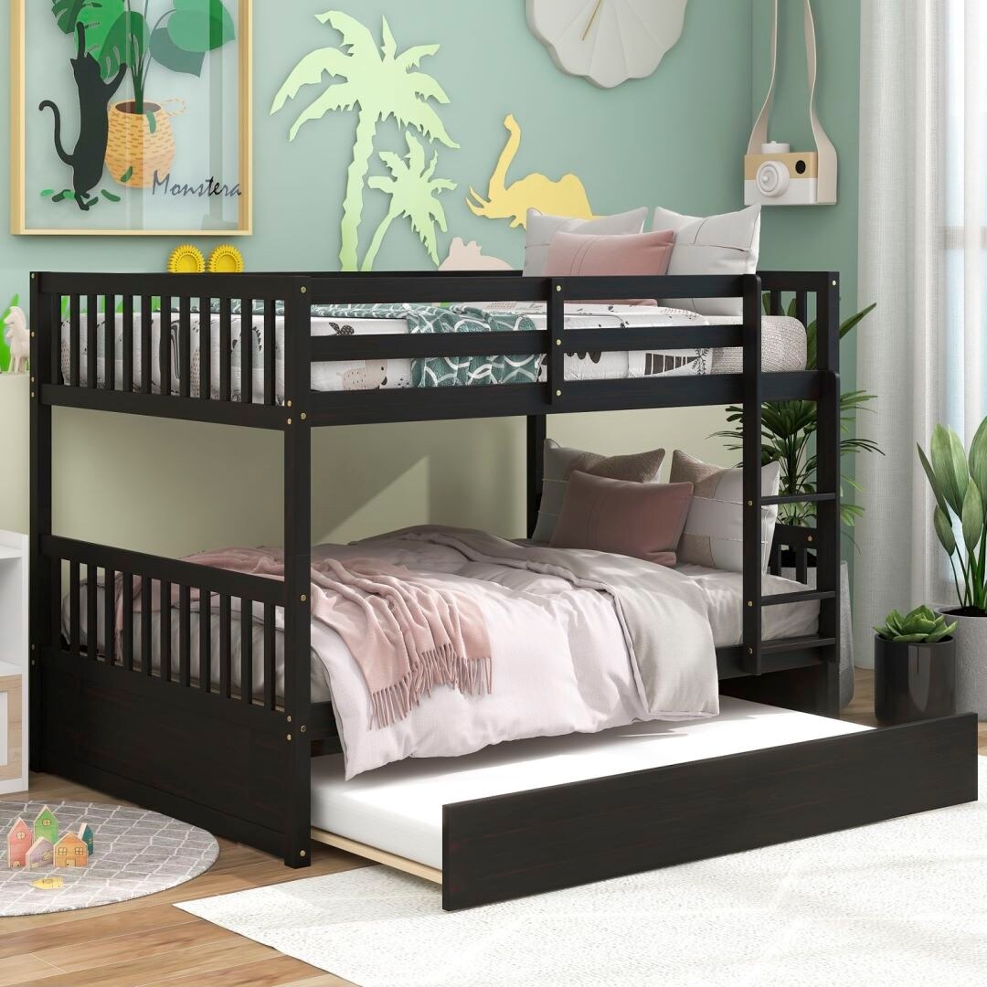 Full Over Full Bunk Beds with Trundle Convertible into 2 Beds Safety