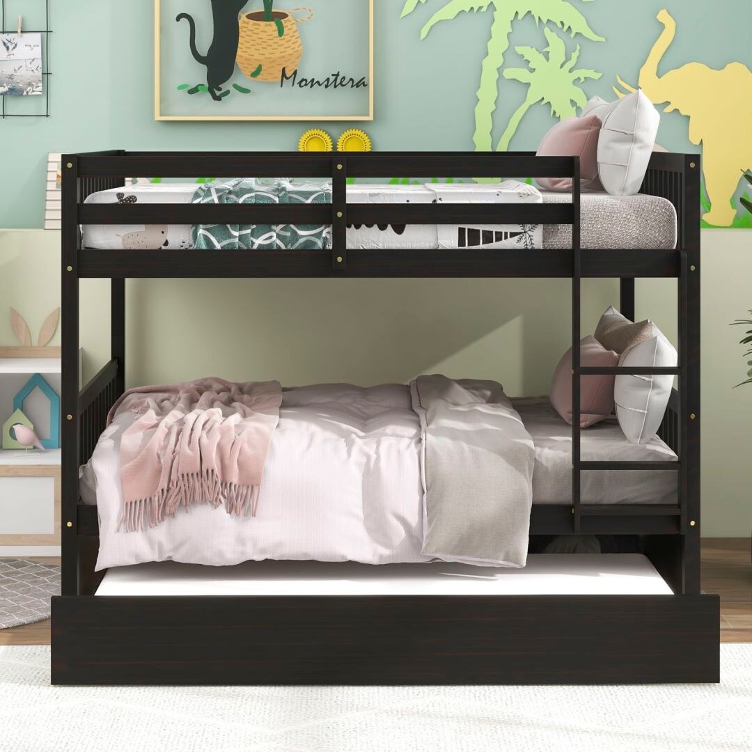 Full Over Full Bunk Beds with Trundle Convertible into 2 Beds Safety
