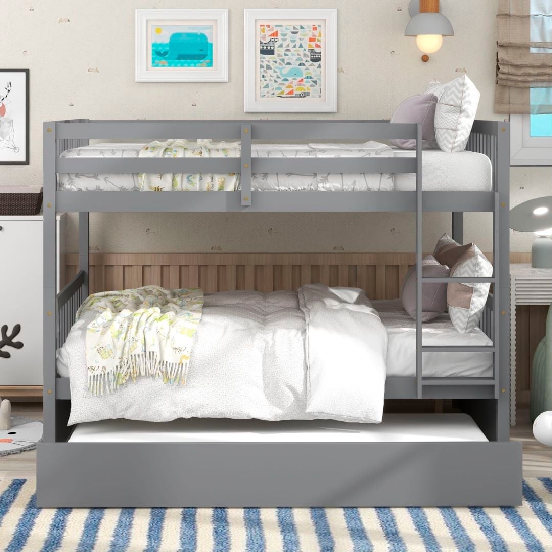 Full Over Full Bunk Beds with Trundle Convertible into 2 Beds Safety
