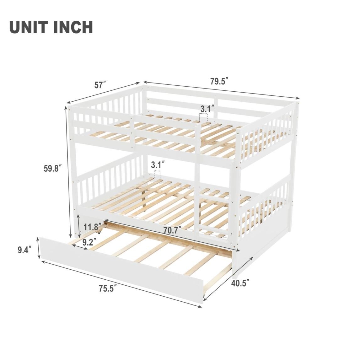 Full Over Full Bunk Beds with Trundle Convertible into 2 Beds Safety