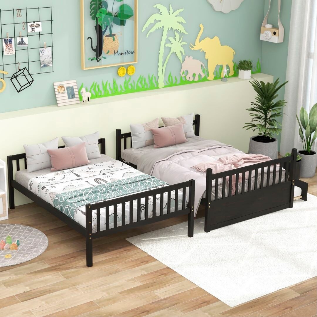 Full Over Full Bunk Beds with Trundle Convertible into 2 Beds Safety