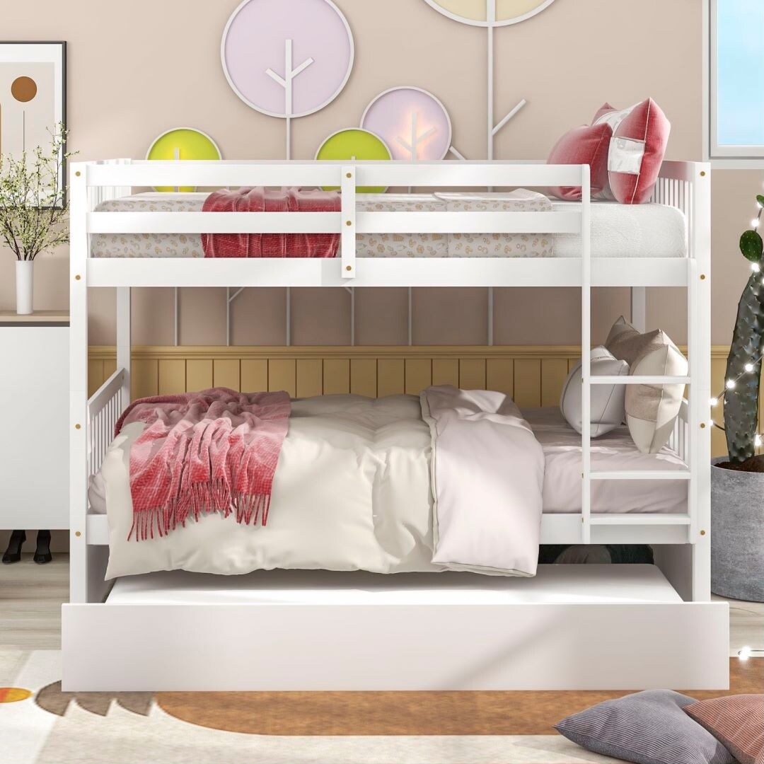 Full Over Full Bunk Beds with Trundle Convertible into 2 Beds Safety