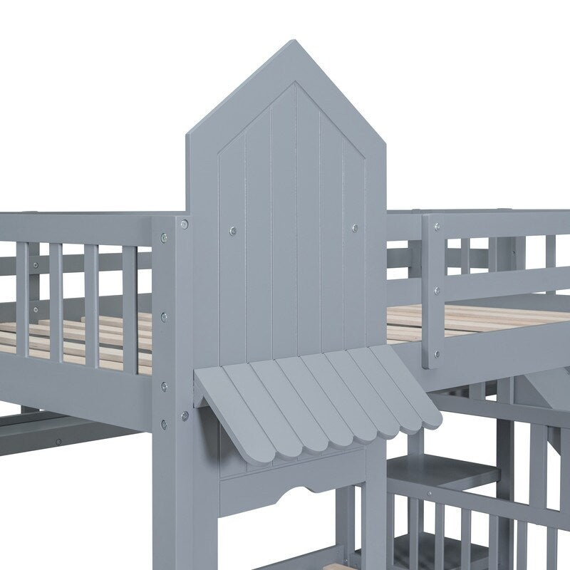 Full-Over-Full Castle Style Bunk Bed with Drawers, Shelves, Slide