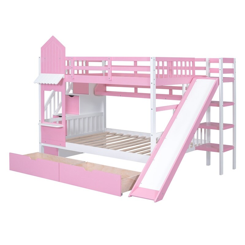 Full-Over-Full Castle Style Bunk Bed with Drawers, Shelves, Slide